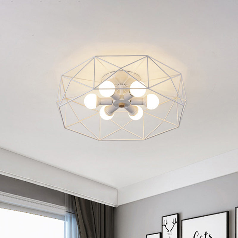 White Hexagon Cage Flush Mount Nordic 3/6 Lights Iron Flush Ceiling Light Fixture with Bare Bulb Design Clearhalo 'Ceiling Lights' 'Close To Ceiling Lights' 'Close to ceiling' 'Flush mount' Lighting' 1475473