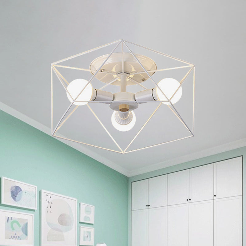 White Hexagon Cage Flush Mount Nordic 3/6 Lights Iron Flush Ceiling Light Fixture with Bare Bulb Design Clearhalo 'Ceiling Lights' 'Close To Ceiling Lights' 'Close to ceiling' 'Flush mount' Lighting' 1475477