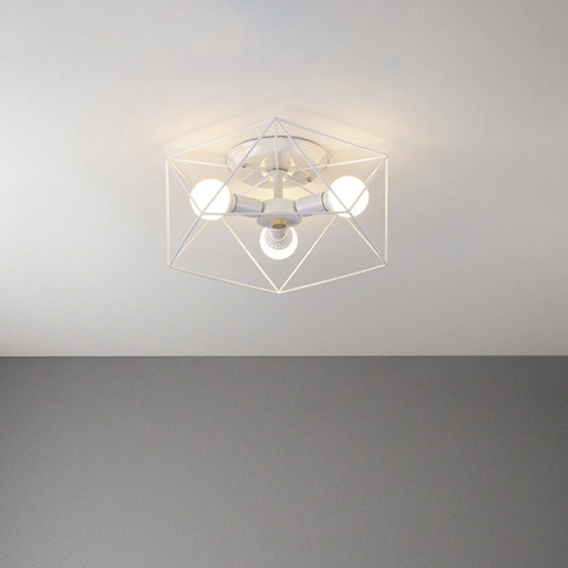 White Hexagon Cage Flush Mount Nordic 3/6 Lights Iron Flush Ceiling Light Fixture with Bare Bulb Design Clearhalo 'Ceiling Lights' 'Close To Ceiling Lights' 'Close to ceiling' 'Flush mount' Lighting' 1475478