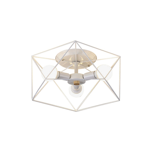 White Hexagon Cage Flush Mount Nordic 3/6 Lights Iron Flush Ceiling Light Fixture with Bare Bulb Design Clearhalo 'Ceiling Lights' 'Close To Ceiling Lights' 'Close to ceiling' 'Flush mount' Lighting' 1475480