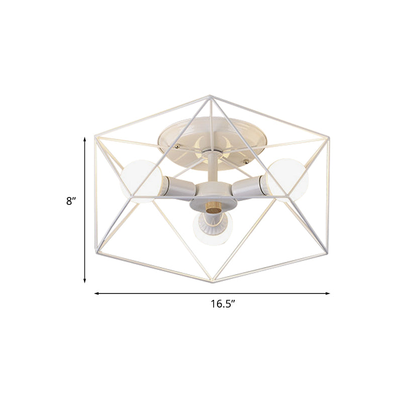 White Hexagon Cage Flush Mount Nordic 3/6 Lights Iron Flush Ceiling Light Fixture with Bare Bulb Design Clearhalo 'Ceiling Lights' 'Close To Ceiling Lights' 'Close to ceiling' 'Flush mount' Lighting' 1475481