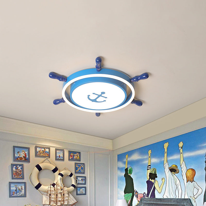 Mediterranean Rudder Iron Flush Light LED Flush Mount Lighting Fixture in Blue with Anchor Pattern Clearhalo 'Ceiling Lights' 'Close To Ceiling Lights' 'Close to ceiling' 'Flush mount' Lighting' 1475513