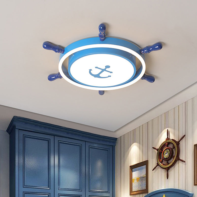 Mediterranean Rudder Iron Flush Light LED Flush Mount Lighting Fixture in Blue with Anchor Pattern Clearhalo 'Ceiling Lights' 'Close To Ceiling Lights' 'Close to ceiling' 'Flush mount' Lighting' 1475514