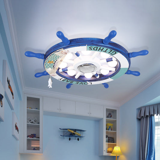 18"/25.5" W Blue Rudder Flush Light Fixture Mediterranean LED Wooden Flush Mount Recessed Lighting for Boys Bedroom Clearhalo 'Ceiling Lights' 'Close To Ceiling Lights' 'Close to ceiling' 'Flush mount' Lighting' 1475534