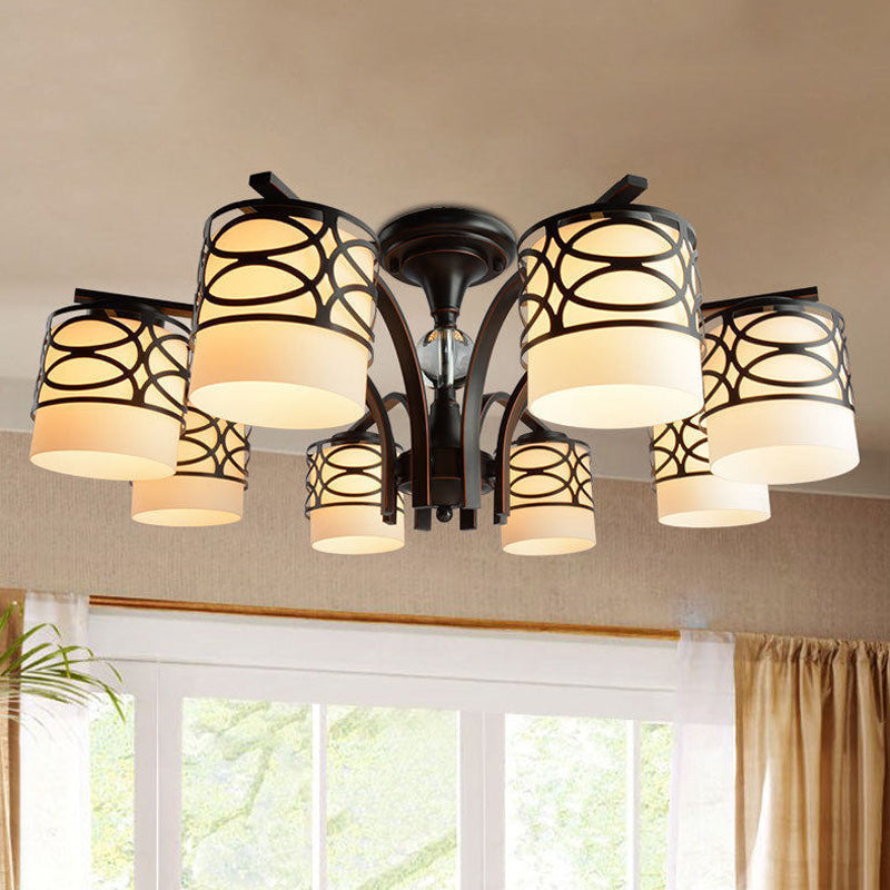 Cylinder Living Room Semi Flush Light Fixture Rustic Opal Glass 3/6/8 Heads Black Metallic Close to Ceiling Lamp Clearhalo 'Ceiling Lights' 'Close To Ceiling Lights' 'Close to ceiling' 'Semi-flushmount' Lighting' 1475567