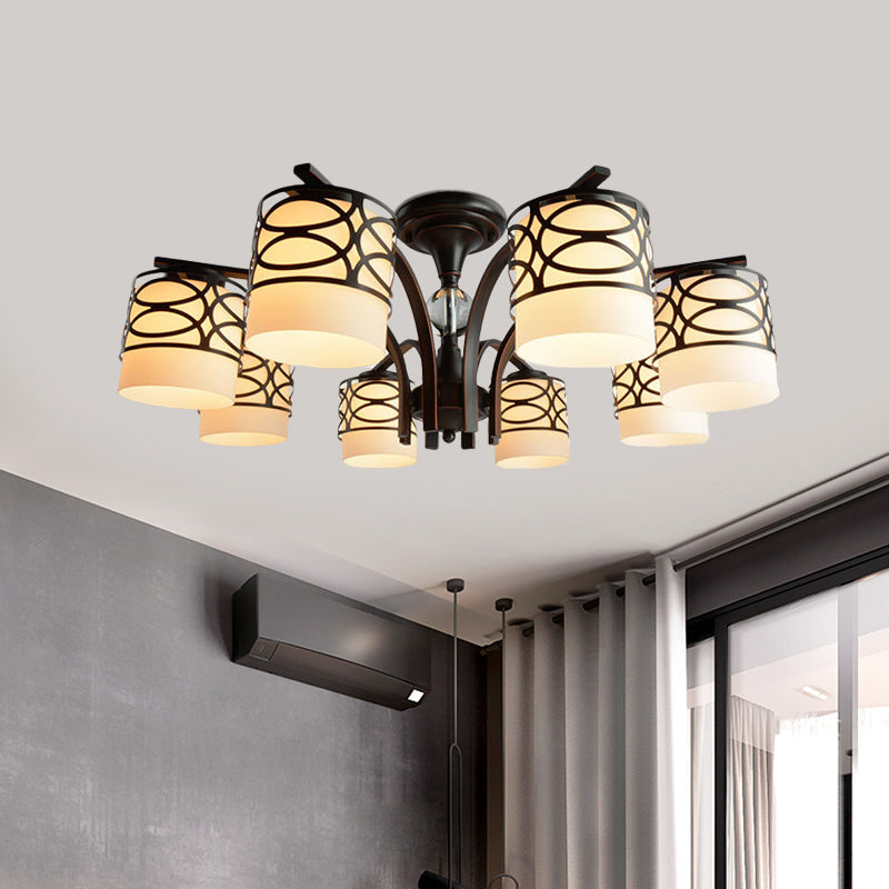 Cylinder Living Room Semi Flush Light Fixture Rustic Opal Glass 3/6/8 Heads Black Metallic Close to Ceiling Lamp 8 Black Clearhalo 'Ceiling Lights' 'Close To Ceiling Lights' 'Close to ceiling' 'Semi-flushmount' Lighting' 1475569