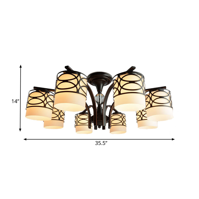 Cylinder Living Room Semi Flush Light Fixture Rustic Opal Glass 3/6/8 Heads Black Metallic Close to Ceiling Lamp Clearhalo 'Ceiling Lights' 'Close To Ceiling Lights' 'Close to ceiling' 'Semi-flushmount' Lighting' 1475571