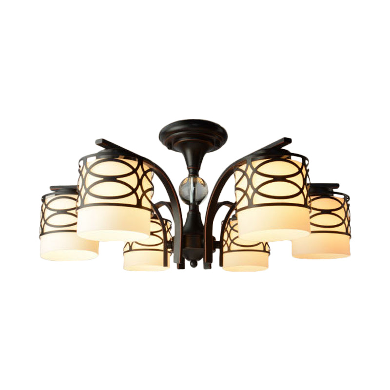 Cylinder Living Room Semi Flush Light Fixture Rustic Opal Glass 3/6/8 Heads Black Metallic Close to Ceiling Lamp Clearhalo 'Ceiling Lights' 'Close To Ceiling Lights' 'Close to ceiling' 'Semi-flushmount' Lighting' 1475575