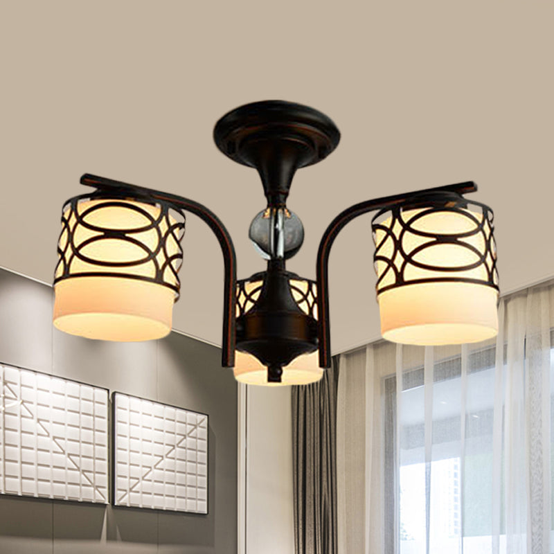 Cylinder Living Room Semi Flush Light Fixture Rustic Opal Glass 3/6/8 Heads Black Metallic Close to Ceiling Lamp Clearhalo 'Ceiling Lights' 'Close To Ceiling Lights' 'Close to ceiling' 'Semi-flushmount' Lighting' 1475577