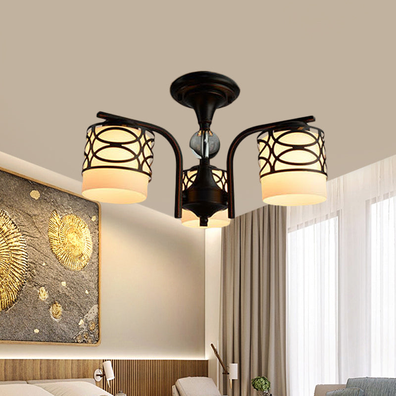 Cylinder Living Room Semi Flush Light Fixture Rustic Opal Glass 3/6/8 Heads Black Metallic Close to Ceiling Lamp 3 Black Clearhalo 'Ceiling Lights' 'Close To Ceiling Lights' 'Close to ceiling' 'Semi-flushmount' Lighting' 1475579