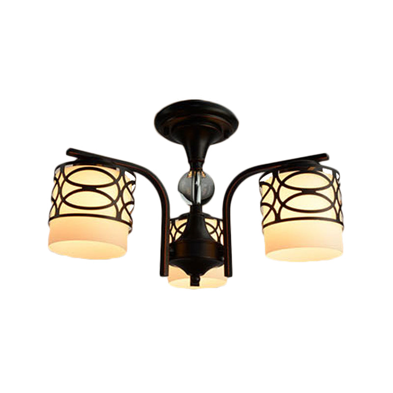 Cylinder Living Room Semi Flush Light Fixture Rustic Opal Glass 3/6/8 Heads Black Metallic Close to Ceiling Lamp Clearhalo 'Ceiling Lights' 'Close To Ceiling Lights' 'Close to ceiling' 'Semi-flushmount' Lighting' 1475580