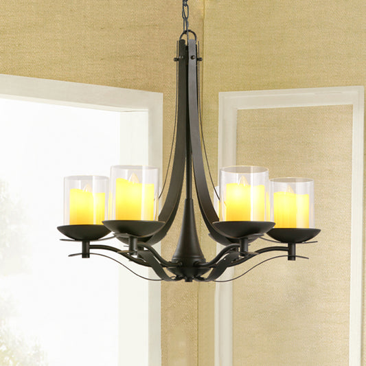 Cylinder Clear Glass Chandelier Light Fixture Country 6-Light Dining Room Metal Pendant Lamp in Black Clearhalo 'Ceiling Lights' 'Chandeliers' Lighting' options 1475587