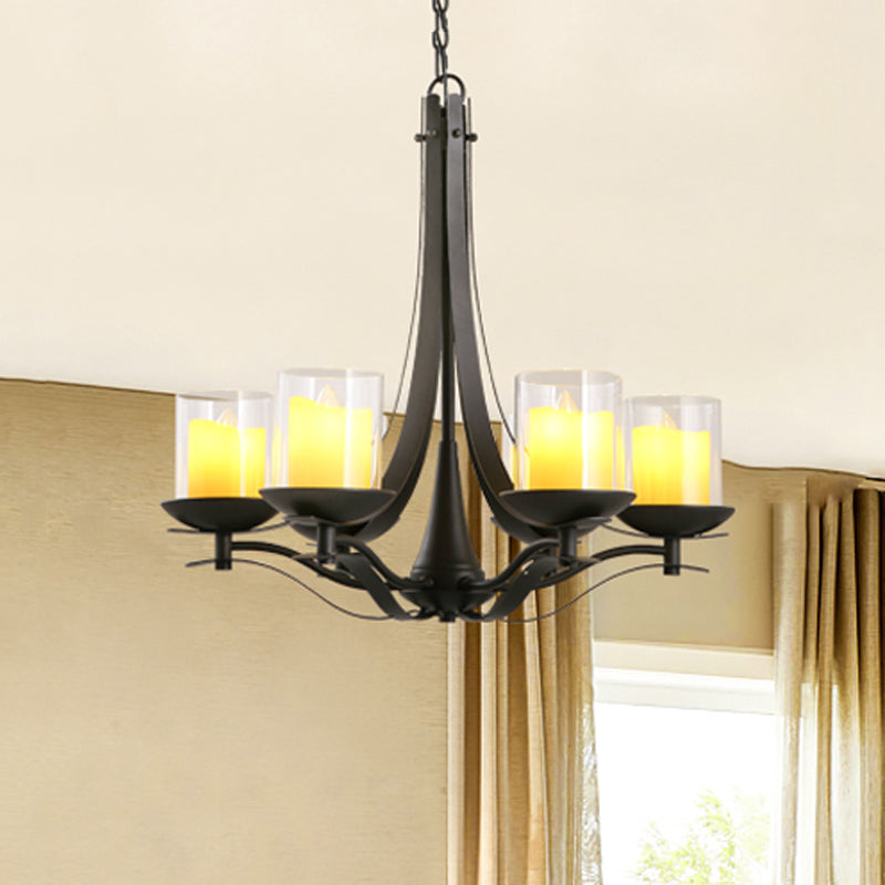 Cylinder Clear Glass Chandelier Light Fixture Country 6-Light Dining Room Metal Pendant Lamp in Black Clearhalo 'Ceiling Lights' 'Chandeliers' Lighting' options 1475588