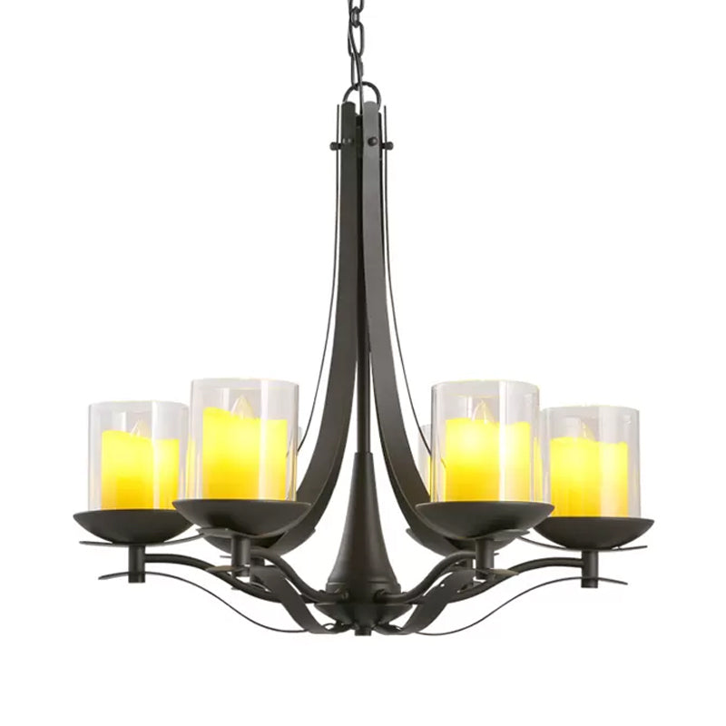 Cylinder Clear Glass Chandelier Light Fixture Country 6-Light Dining Room Metal Pendant Lamp in Black Clearhalo 'Ceiling Lights' 'Chandeliers' Lighting' options 1475590