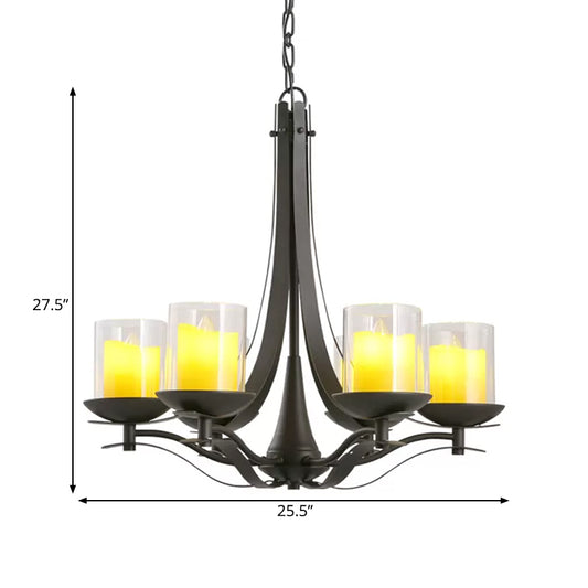 Cylinder Clear Glass Chandelier Light Fixture Country 6-Light Dining Room Metal Pendant Lamp in Black Clearhalo 'Ceiling Lights' 'Chandeliers' Lighting' options 1475591