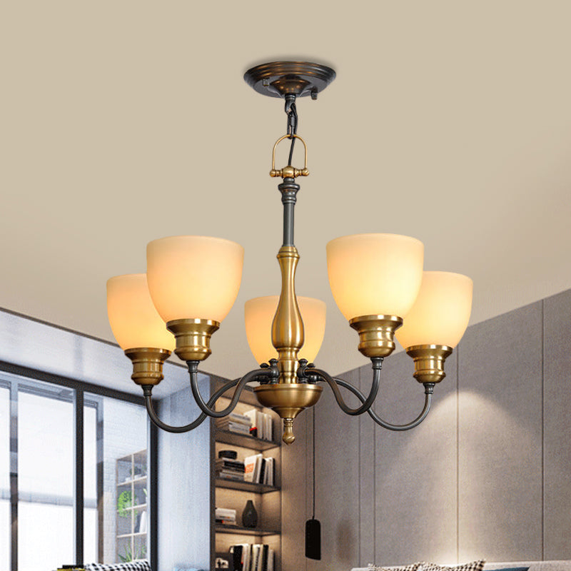 Black 3/5/8 Bulbs Hanging Lamp Rural Frosted Glass Bowl Chandelier Pendant Light with Metal Curved Arm Clearhalo 'Ceiling Lights' 'Chandeliers' Lighting' options 1475597