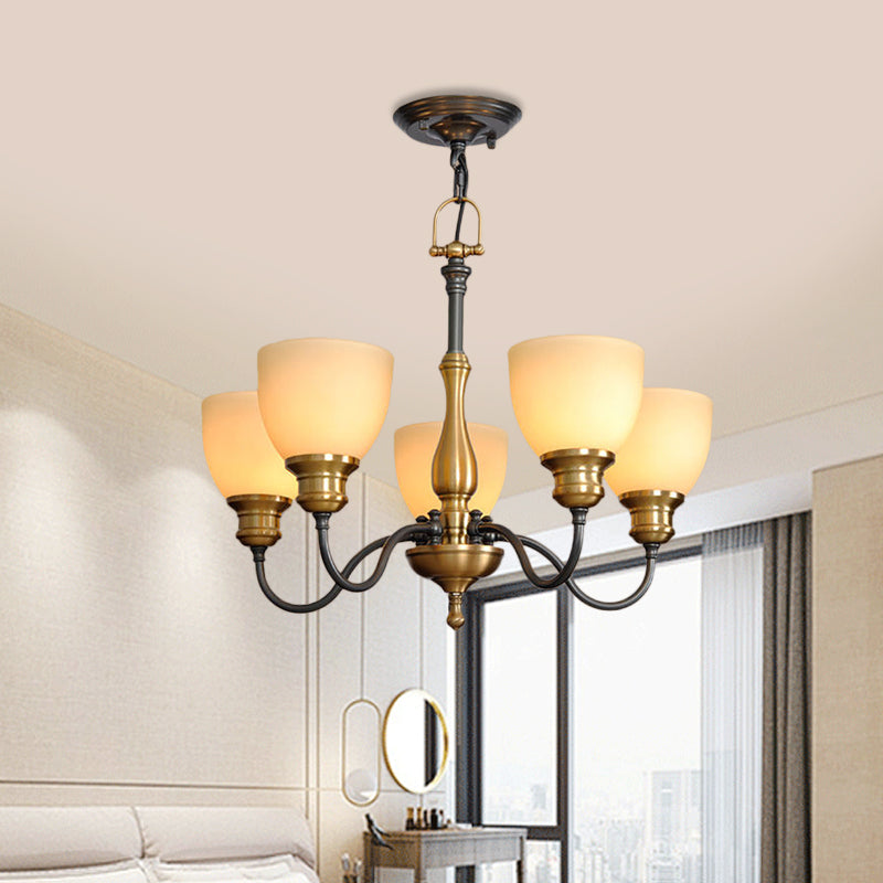 Black 3/5/8 Bulbs Hanging Lamp Rural Frosted Glass Bowl Chandelier Pendant Light with Metal Curved Arm Clearhalo 'Ceiling Lights' 'Chandeliers' Lighting' options 1475598