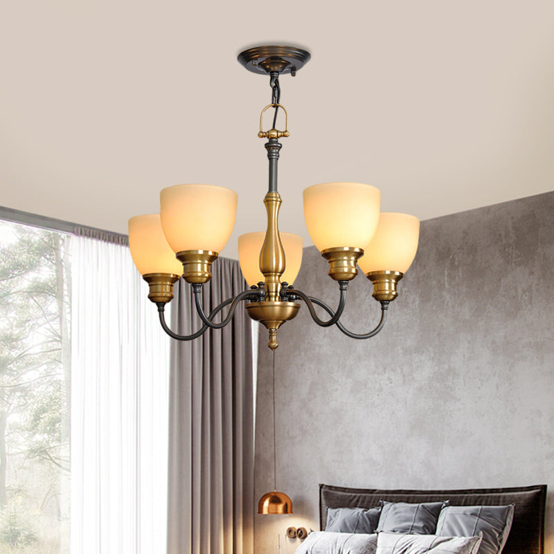 Black 3/5/8 Bulbs Hanging Lamp Rural Frosted Glass Bowl Chandelier Pendant Light with Metal Curved Arm Clearhalo 'Ceiling Lights' 'Chandeliers' Lighting' options 1475599