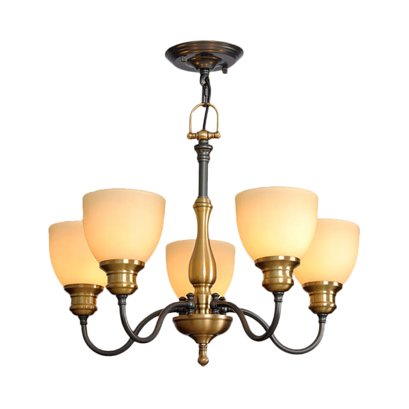 Black 3/5/8 Bulbs Hanging Lamp Rural Frosted Glass Bowl Chandelier Pendant Light with Metal Curved Arm Clearhalo 'Ceiling Lights' 'Chandeliers' Lighting' options 1475600