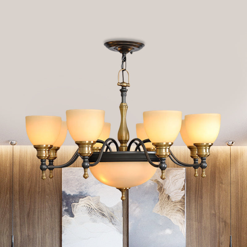 Black 3/5/8 Bulbs Hanging Lamp Rural Frosted Glass Bowl Chandelier Pendant Light with Metal Curved Arm Clearhalo 'Ceiling Lights' 'Chandeliers' Lighting' options 1475607