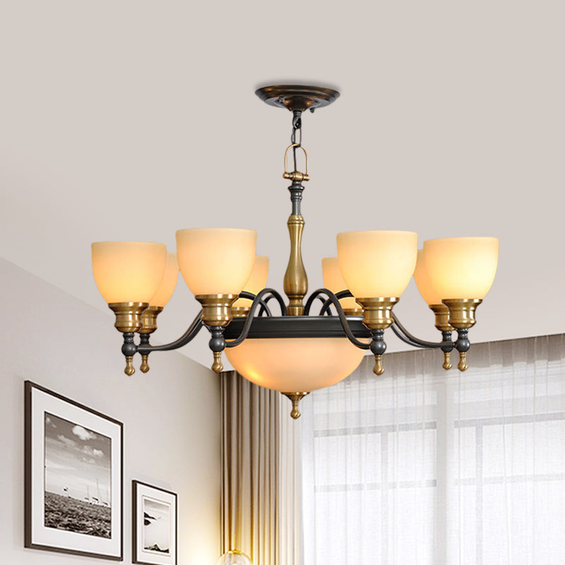 Black 3/5/8 Bulbs Hanging Lamp Rural Frosted Glass Bowl Chandelier Pendant Light with Metal Curved Arm Clearhalo 'Ceiling Lights' 'Chandeliers' Lighting' options 1475608