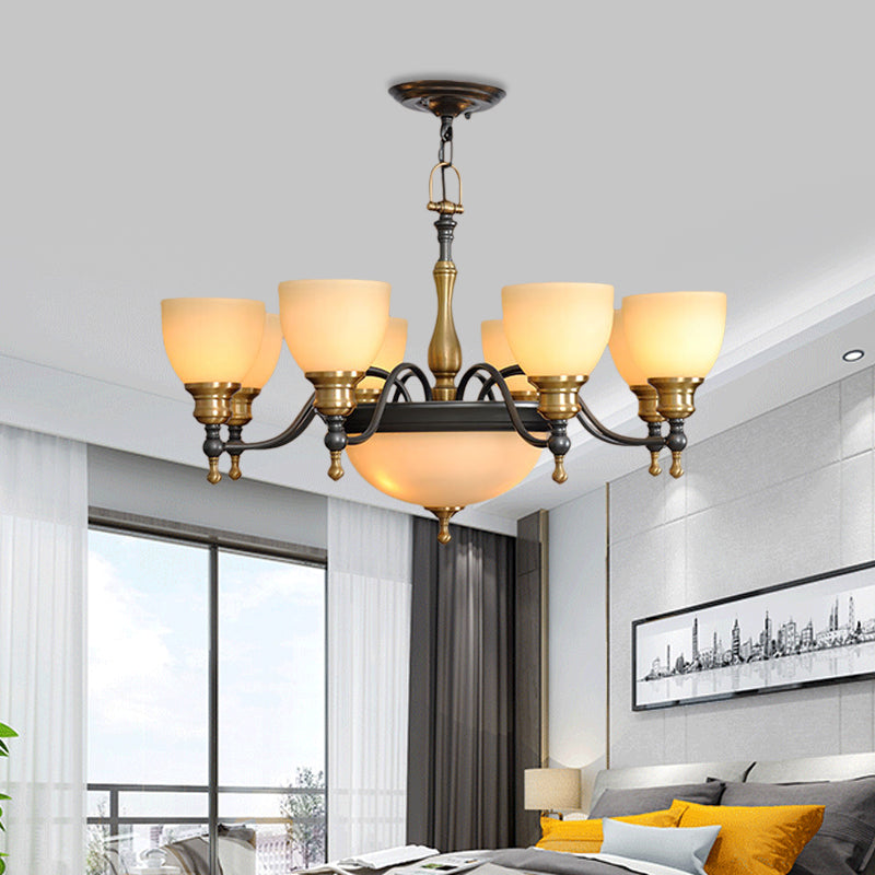 Black 3/5/8 Bulbs Hanging Lamp Rural Frosted Glass Bowl Chandelier Pendant Light with Metal Curved Arm Clearhalo 'Ceiling Lights' 'Chandeliers' Lighting' options 1475609