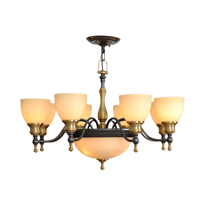 Black 3/5/8 Bulbs Hanging Lamp Rural Frosted Glass Bowl Chandelier Pendant Light with Metal Curved Arm Clearhalo 'Ceiling Lights' 'Chandeliers' Lighting' options 1475610