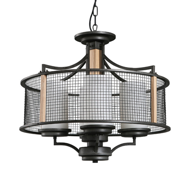 Black Cylinder Hanging Chandelier Traditional Style Frosted Glass 4 Heads Living Room Pendant Light Kit with Drum Cage Clearhalo 'Ceiling Lights' 'Chandeliers' Lighting' options 1475615