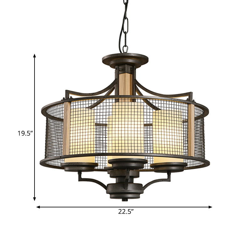 Black Cylinder Hanging Chandelier Traditional Style Frosted Glass 4 Heads Living Room Pendant Light Kit with Drum Cage Clearhalo 'Ceiling Lights' 'Chandeliers' Lighting' options 1475616