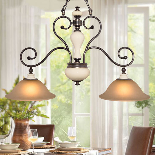 White Glass Black Island Lamp Flared 2 Heads Countryside Style Chandelier Light with Curvy Arm for Dining Room White Clearhalo 'Ceiling Lights' 'Island Lights' Lighting' 1475617