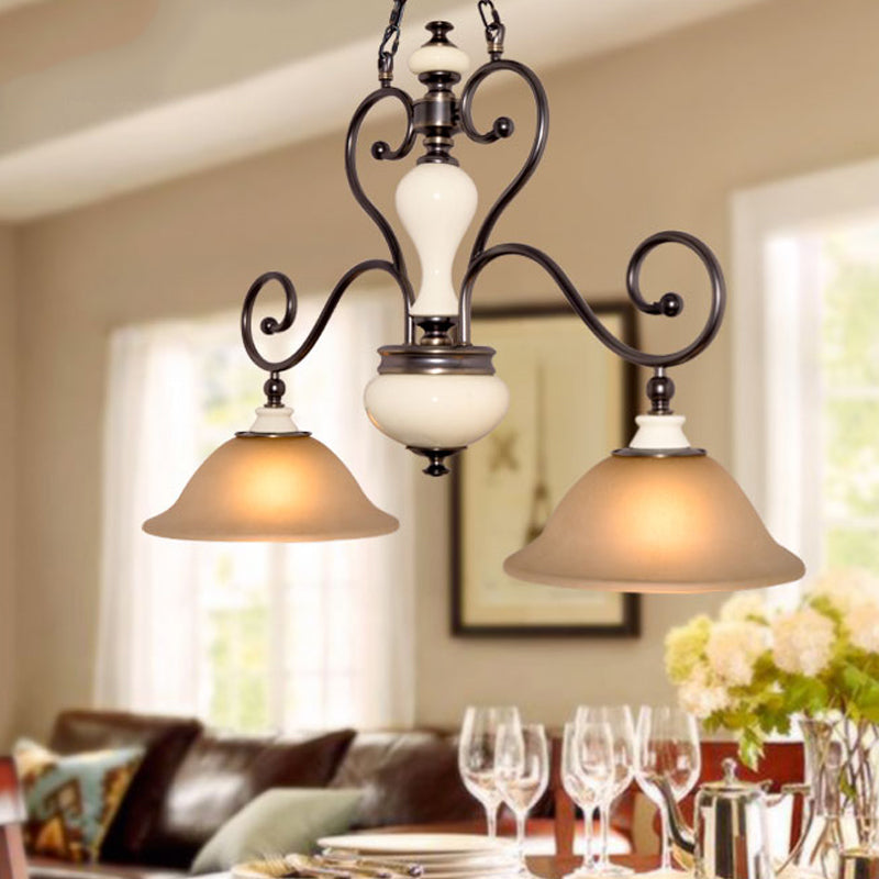 White Glass Black Island Lamp Flared 2 Heads Countryside Style Chandelier Light with Curvy Arm for Dining Room Clearhalo 'Ceiling Lights' 'Island Lights' Lighting' 1475618