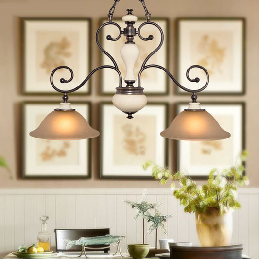 White Glass Black Island Lamp Flared 2 Heads Countryside Style Chandelier Light with Curvy Arm for Dining Room Clearhalo 'Ceiling Lights' 'Island Lights' Lighting' 1475619