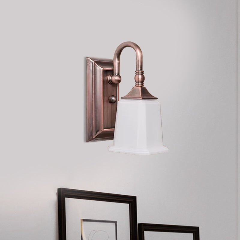 Retro Flared Wall Sconce Lighting 1-Head Cream Glass Wall Light Fixture in Copper with Gooseneck Arm Clearhalo 'Wall Lamps & Sconces' 'Wall Lights' Lighting' 1475639