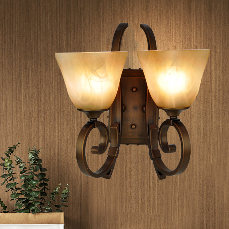 Traditional Bell Sconce Lighting 2 Bulbs Frosted Glass Wall Mounted Lamp in Bronze with Scrolling Arm Bronze Clearhalo 'Wall Lamps & Sconces' 'Wall Lights' Lighting' 1475652