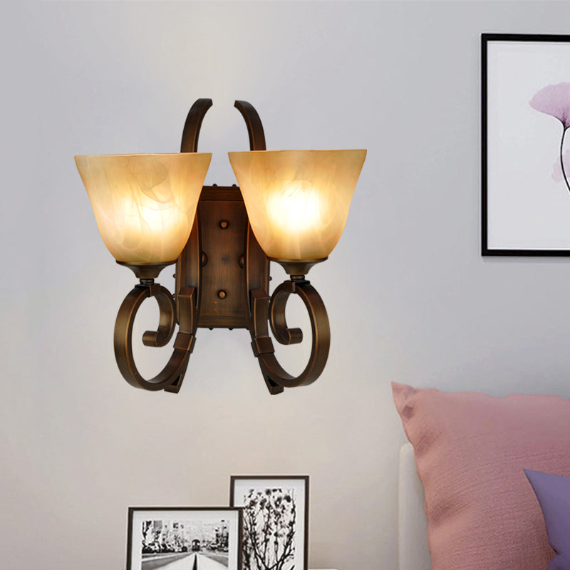 Traditional Bell Sconce Lighting 2 Bulbs Frosted Glass Wall Mounted Lamp in Bronze with Scrolling Arm Clearhalo 'Wall Lamps & Sconces' 'Wall Lights' Lighting' 1475654