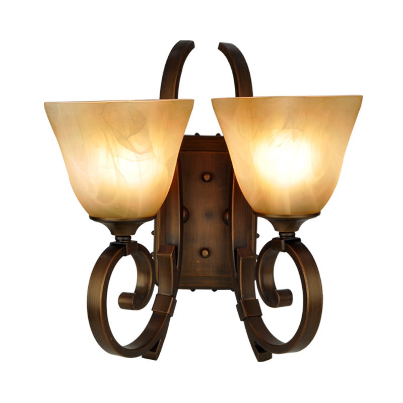 Traditional Bell Sconce Lighting 2 Bulbs Frosted Glass Wall Mounted Lamp in Bronze with Scrolling Arm Clearhalo 'Wall Lamps & Sconces' 'Wall Lights' Lighting' 1475655