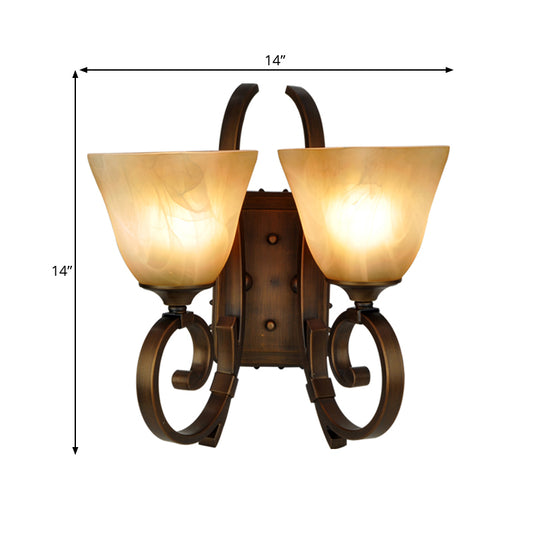 Traditional Bell Sconce Lighting 2 Bulbs Frosted Glass Wall Mounted Lamp in Bronze with Scrolling Arm Clearhalo 'Wall Lamps & Sconces' 'Wall Lights' Lighting' 1475656