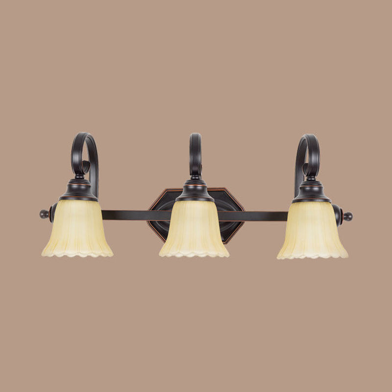 Black Flared Vanity Lighting Fixture Rural Frosted Glass 2/3 Heads Bathroom Wall Sconce with Swirl Arm Clearhalo 'Vanity Lights' 'Wall Lights' Lighting' 1475670