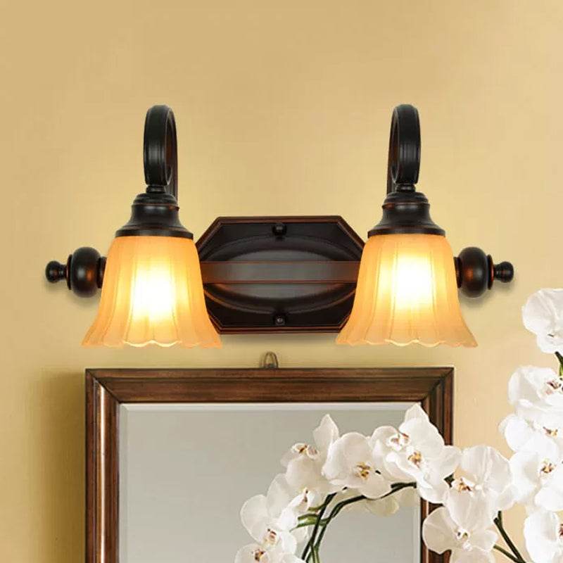 Black Flared Vanity Lighting Fixture Rural Frosted Glass 2/3 Heads Bathroom Wall Sconce with Swirl Arm Clearhalo 'Vanity Lights' 'Wall Lights' Lighting' 1475672