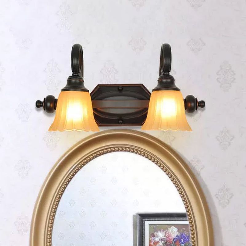 Black Flared Vanity Lighting Fixture Rural Frosted Glass 2/3 Heads Bathroom Wall Sconce with Swirl Arm Clearhalo 'Vanity Lights' 'Wall Lights' Lighting' 1475673