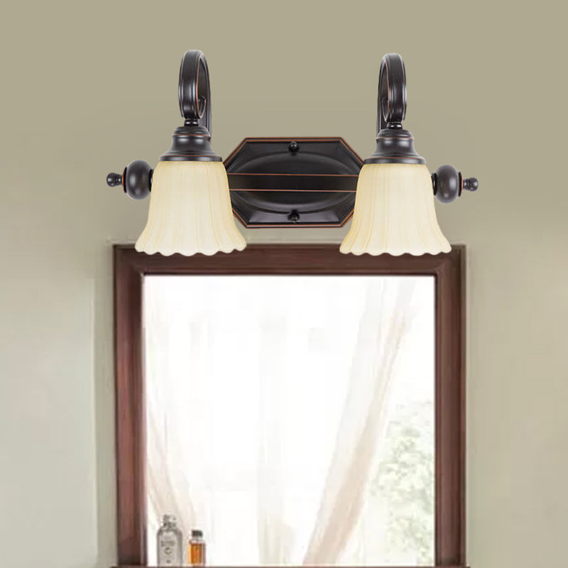 Black Flared Vanity Lighting Fixture Rural Frosted Glass 2/3 Heads Bathroom Wall Sconce with Swirl Arm 2.0 Black Clearhalo 'Vanity Lights' 'Wall Lights' Lighting' 1475674