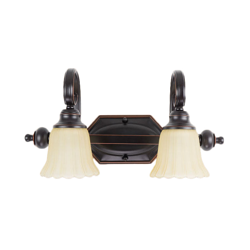 Black Flared Vanity Lighting Fixture Rural Frosted Glass 2/3 Heads Bathroom Wall Sconce with Swirl Arm Clearhalo 'Vanity Lights' 'Wall Lights' Lighting' 1475675