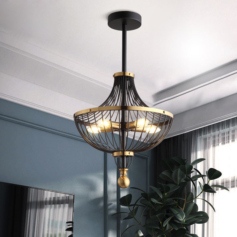 5 Lights Iron Ceiling Chandelier Vintage Black Finish Basket Cage Dining Room Hanging Light Kit Clearhalo 'Ceiling Lights' 'Chandeliers' Lighting' options 1475709