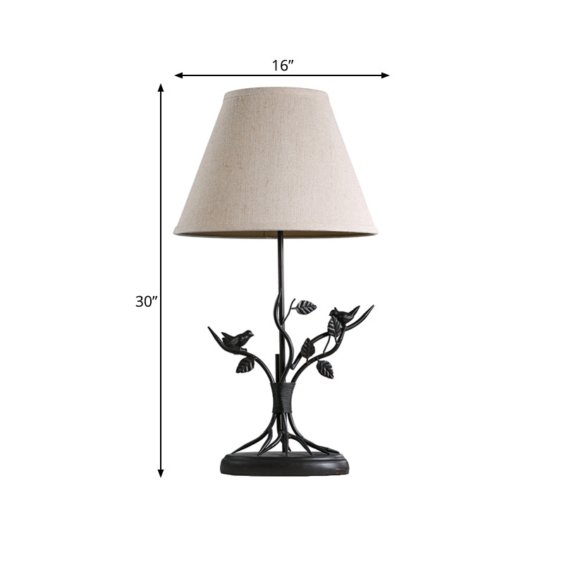 Tapered Fabric Table Light Vintage 1 Head Living Room Nightstand Lighting in White with Branch Design Clearhalo 'Lamps' 'Table Lamps' Lighting' 1475736