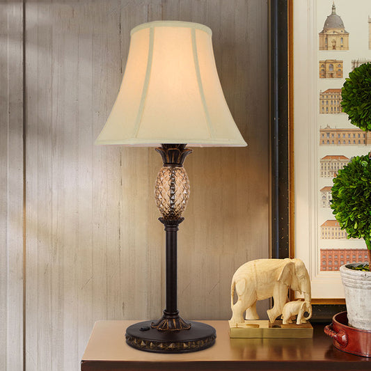 1-Bulb Paneled Bell Night Lamp Traditional Beige Fabric Nightstand Light with Pineapple Deco Beige Clearhalo 'Lamps' 'Table Lamps' Lighting' 1475762