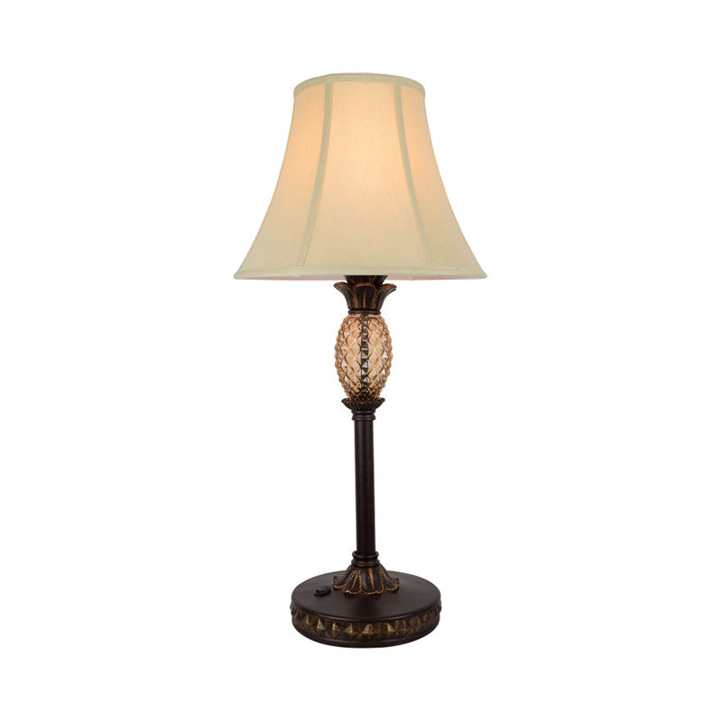 1-Bulb Paneled Bell Night Lamp Traditional Beige Fabric Nightstand Light with Pineapple Deco Clearhalo 'Lamps' 'Table Lamps' Lighting' 1475765