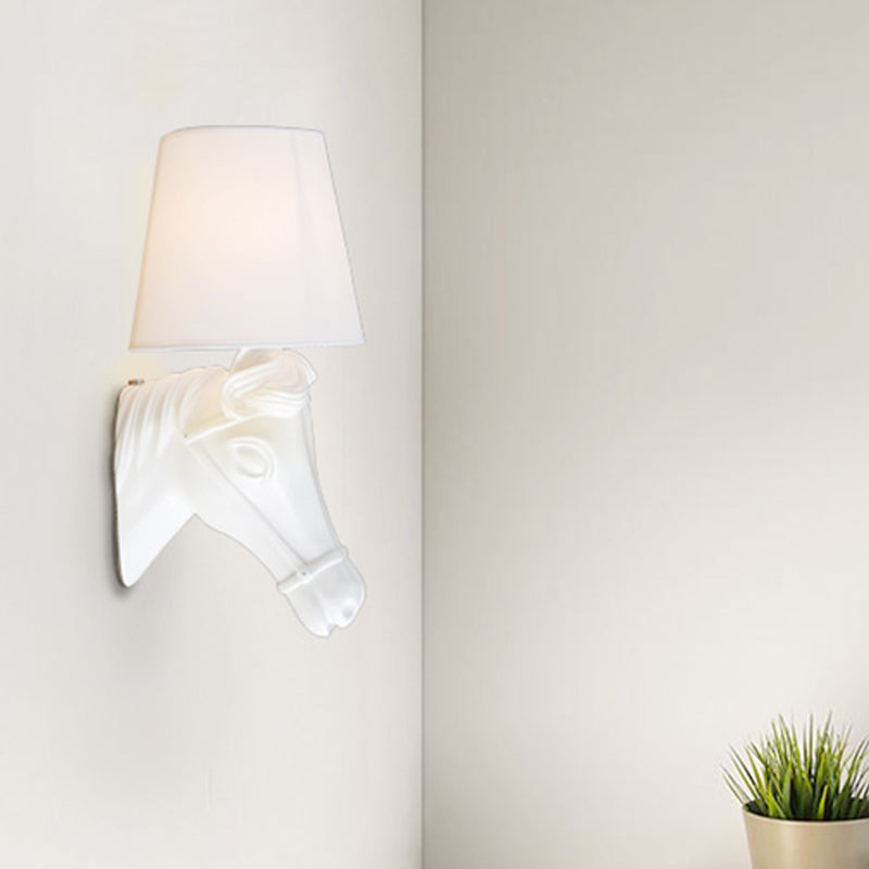 Antique Barrel Sconce Wall Light 1 Bulb Fabric Wall Lamp Shade in White with Resin Horse Head Design Clearhalo 'Wall Lamps & Sconces' 'Wall Lights' Lighting' 1475793