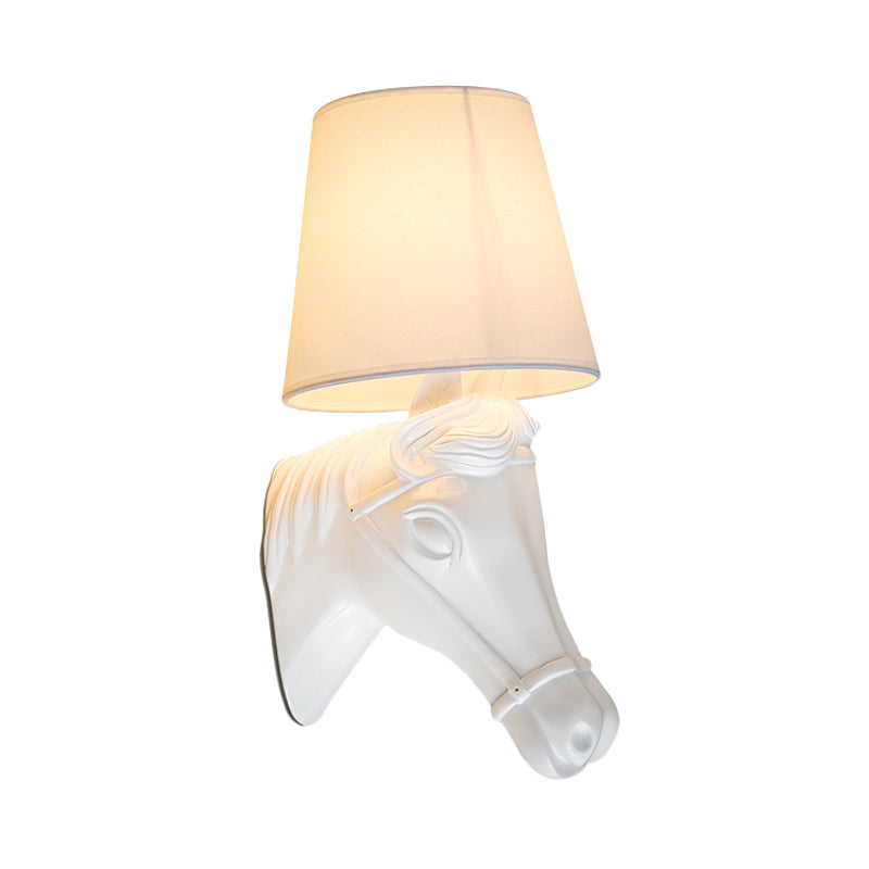 Antique Barrel Sconce Wall Light 1 Bulb Fabric Wall Lamp Shade in White with Resin Horse Head Design Clearhalo 'Wall Lamps & Sconces' 'Wall Lights' Lighting' 1475795