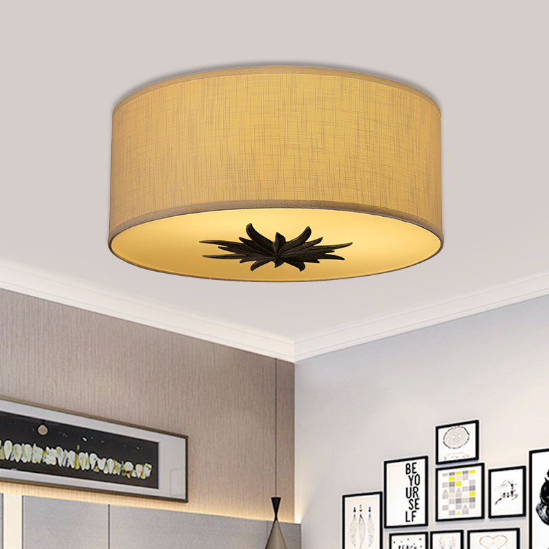 Drum Dining Room Ceiling Lamp Rustic Fabric 3 Bulbs Grey/Beige Flush Mount Lighting with Floral Pattern Clearhalo 'Ceiling Lights' 'Close To Ceiling Lights' 'Close to ceiling' 'Flush mount' Lighting' 1475798