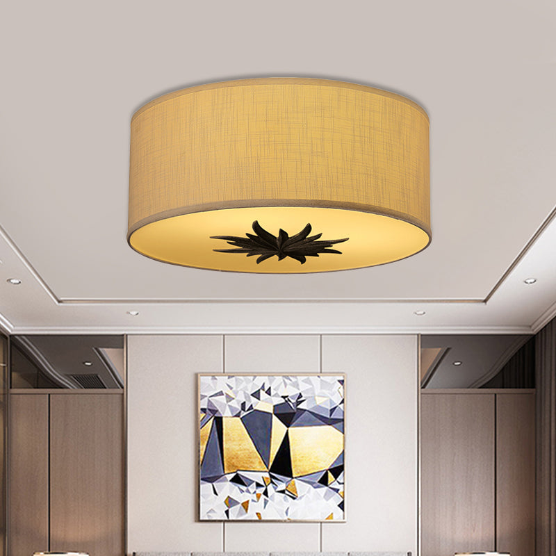 Drum Dining Room Ceiling Lamp Rustic Fabric 3 Bulbs Grey/Beige Flush Mount Lighting with Floral Pattern Clearhalo 'Ceiling Lights' 'Close To Ceiling Lights' 'Close to ceiling' 'Flush mount' Lighting' 1475799